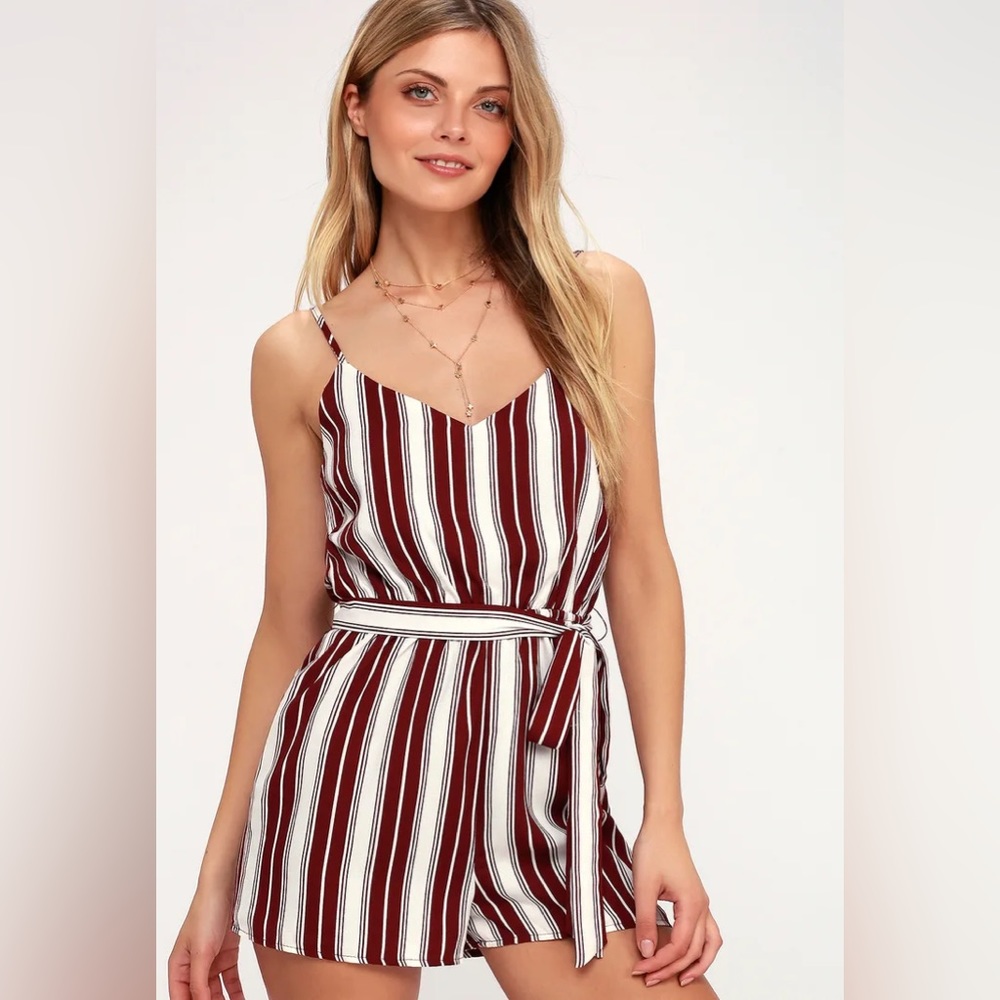 Carraway burgundy and white striped romper from Lulu’s